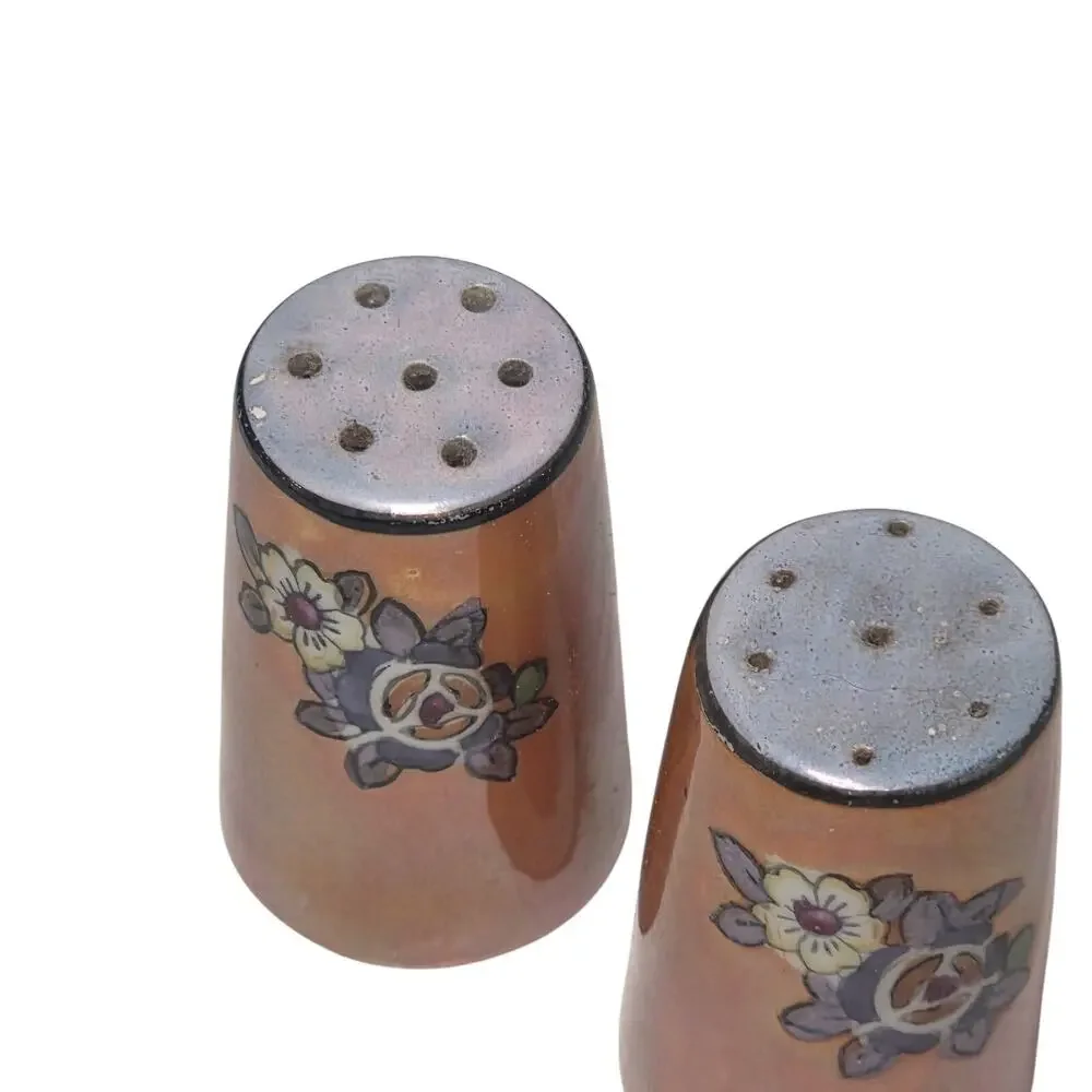 Vintage Japan Coral Floral Salt Pepper Shakers Iridescent Lilac MCM